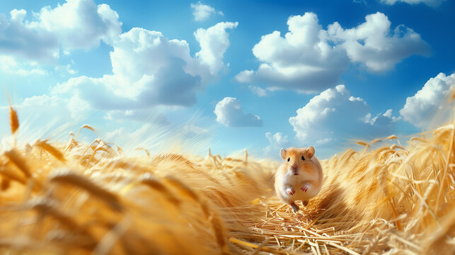 Card with hampster runs on path in wheat field. Blue sky with clouds. Horisontal frame. Angle from bottom. Windy weaher