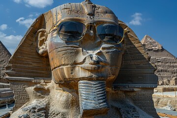 Close-up of the Sphinx statue at Giza wearing sunglasses, with ancient pyramids in the background under a clear blue sky.