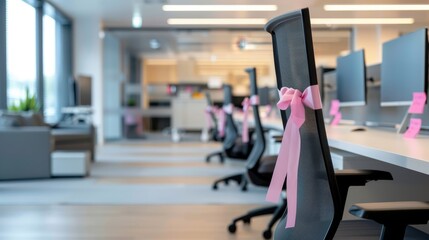 Corporate office with pink decorations for Breast Cancer Awareness Month, creating a professional yet supportive environment that promotes health and solidarity.