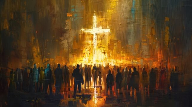 crowd gathers around illuminated cross modern religious painting christian faith concept