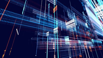 vj loop abstract sci-fi bg glow blue red particles form lines. Hi-tech info technology. Lines form hologram information blocks, ai construction light grid, info concept lines and nodes. Big data.