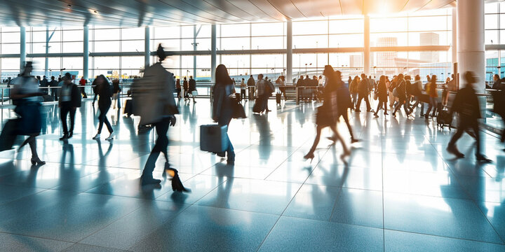 businessman walking through a modern airport terminal at sunset, reflecting business meeting