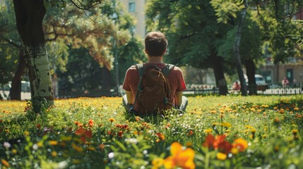 tourist sitting on the grass of an urban park, with trees and flowers around him generative ai