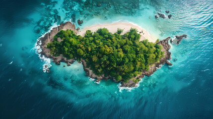 Drone view of a picturesque island with white sandy beaches, turquoise waters, and a coral reef surrounding it, making it a perfect paradise for nature lovers and vacationers