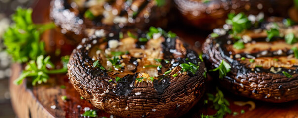 Grilled portobello mushrooms with deep char lines, with a drizzle of garlic butter, garnished with parsley and parmesan shavings.