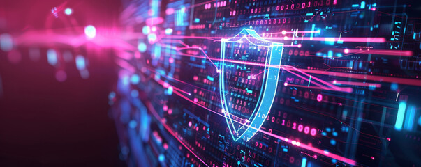 Obraz premium High-tech cyber security background featuring a glowing shield icon, binary code, and abstract lines representing secure connections.