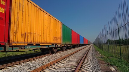 Fototapeta premium Freight train wagon filled with containers against a clear sky background. Industrial and transport theme.