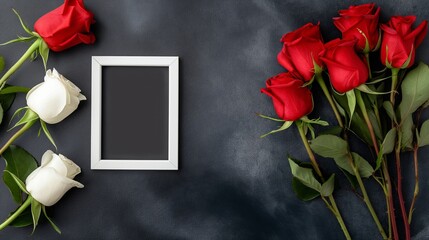 A black and white photo of a white and red rose with a black frame. The photo is of a bouquet of roses