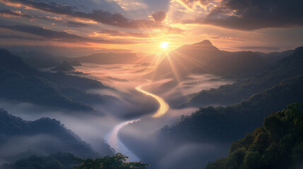 Obraz premium the sun rises above a river with a river
