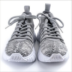 Stylish grey knit fabric sneakers with cushioned soles, isolated on white background.