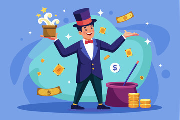 Wealthy businessman magician conjuring money from magical hat, financial success and investment profit concept