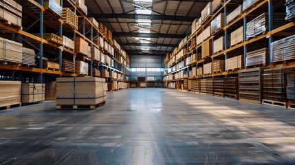 A warehouse filled with pallets of wooden planks, showcasing the large stockroom space for timber products in an industrial setting.
