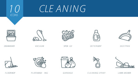 Cleaning outline icons set. Creative icons: dishwasher, vacuum, sponge, detergent, dustpan, floor mop, plate washing, garbage, cleaning spray, lawnmower.