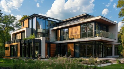 Modern Architectural Home with Glass Facade and Wooden Accents