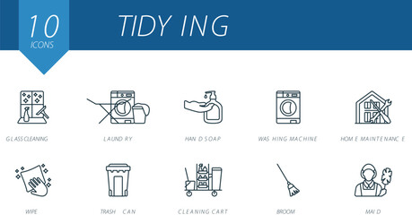 Tidying outline icons set. Creative icons: glass cleaning, laundry, hand soap, washing machine, home maintenance, wipe, trash can, cleaning cart, broom, maid.