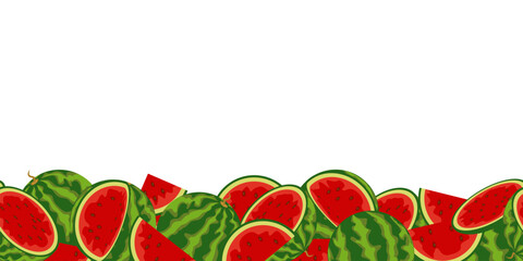 watermelon seamless border, a lot of ripe juicy watermelons lies at the bottom in a horizontal strip. vector illustration, banner with whole sweet fruits and pieces in cartoon style © Iuliia