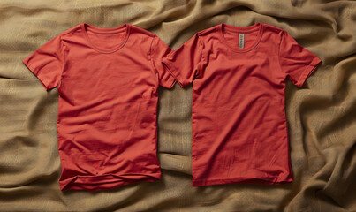 Two blank t-shirts in coral, front view, laid flat on a textured woven fabric background. The intricate texture adds a handcrafted feel, suitable for artisanal branding themes.