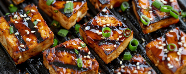 Grilled tofu cubes with perfect grill lines, floating with a teriyaki glaze, garnished with sesame seeds and chopped green onions.
