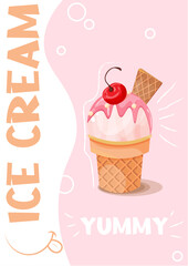 Yummy Poster Ice cream. Summer vector illustration for flyers, invitation, posters, brochure, discount voucher.