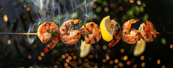 Freshly grilled shrimp skewers with char marks, flying in the air with lemon wedges and herbs.