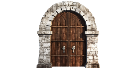 Vintage wooden castle door isolated on transparent or white background