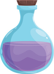 Round glass flask is containing a purple liquid potion, closed with a cork stopper, for a magic experiment