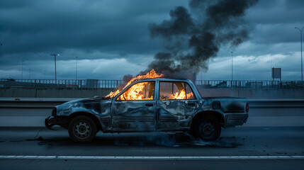 A car engulfed in flames on the freeway