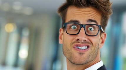 Naklejka premium A man with glasses is looking at the camera with a surprised expression. He is wearing a suit and tie, and his glasses are black