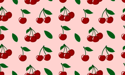 Seamless pattern with Cherry berry. Juicy ripe cherries with leaves. Summer berries background. Flat Vector illustration 