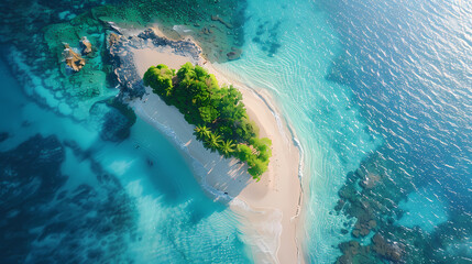Fototapeta premium Drone view of a picturesque island with white sandy beaches, turquoise waters, and a coral reef surrounding it, making it a perfect paradise for nature lovers and vacationers