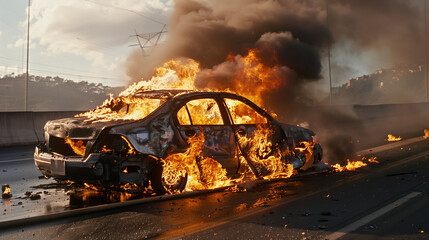 A car is on fire on the highway