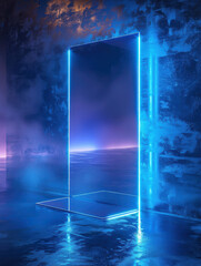 A blue neon rectangular doorframe on a dark background, creating a futuristic and sleek visual effect.