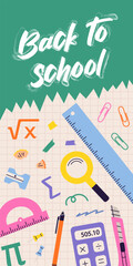 Childrens school poster. Back to school. Education elements postcard.