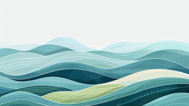 Abstract landscape painting depicting rolling hills that look like waves, with a soothing color palette of blue and green