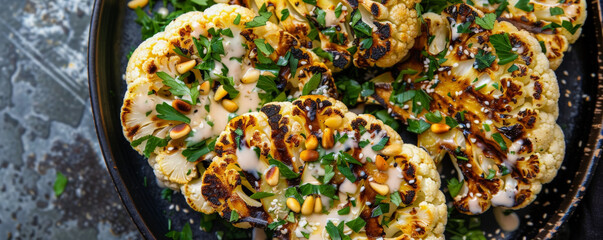 Grilled cauliflower steaks with char marks, floating with a drizzle of tahini sauce, garnished with pine nuts and chopped parsley.