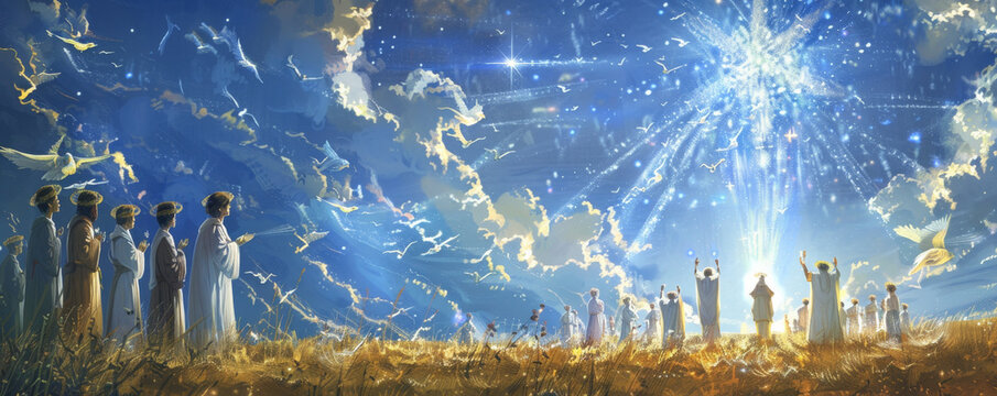 The angelic choir announcing Jesus' birth to the shepherds in the fields. The sky is filled with radiant angels singing praises.