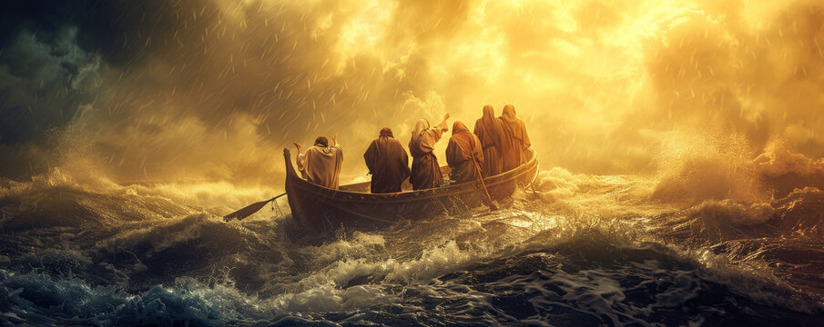 The miracle of Jesus walking on water towards His disciples' boat. The calm in Jesus contrasts with the stormy sea and the fearful disciples.