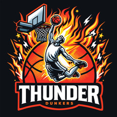 Basketball team logo. Basketball player dunking vector.