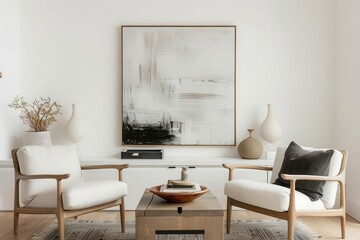 scandinavian living room with two sleek armchairs facing a minimalist white wall oversized framed artwork creates a striking focal point clean lines and neutral tones dominate