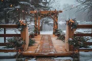 Beautifully decorated wooden bridge for a winter wedding ceremony with floral arrangements and fairy lights amidst the snowy landscape.