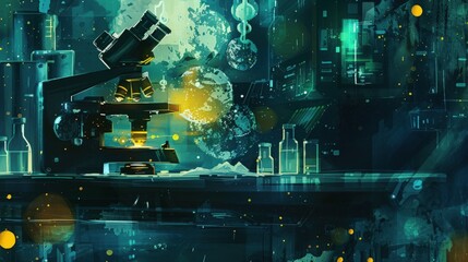 A science lab with a microscope on a table. The lab is filled with various bottles and a few other objects. Scene is mysterious and scientific