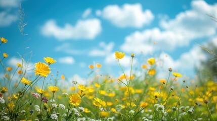 A Field of Yellow Flowers Under a Blue Sky