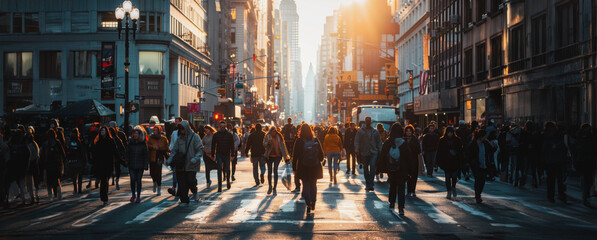 Obraz premium Crowds of people walking on a busy city street at sunset