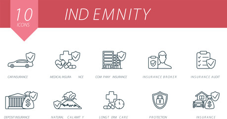 Indemnity outline icons set. Creative icons: car insurance, medical insurance, company insurance, insurance broker and more
