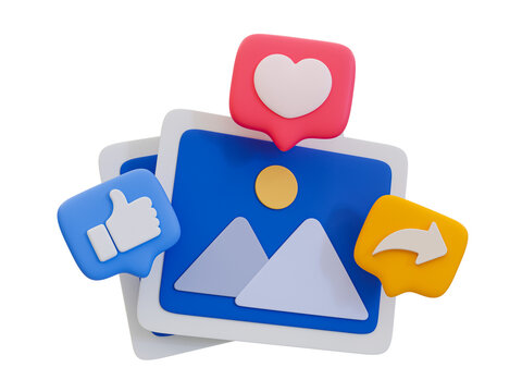 3D illustration of social media icons with photos, a like button, a love heart, and a share arrow, representing social media engagement.