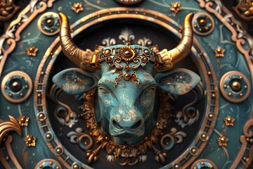 Fototapeta premium Intricately designed cow statue with vibrant colors and patterns, set against a black background, highlighting its craftsmanship.