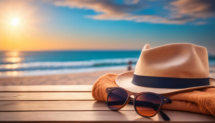 Hat towel and sunglasses on the table at the beach in sunny weather