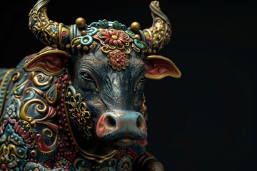 Obraz premium Intricately designed cow statue with vibrant colors and patterns, set against a black background, highlighting its craftsmanship.