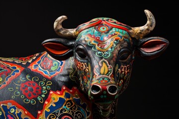 Naklejka premium Intricately designed cow statue with vibrant colors and patterns, set against a black background, highlighting its craftsmanship.