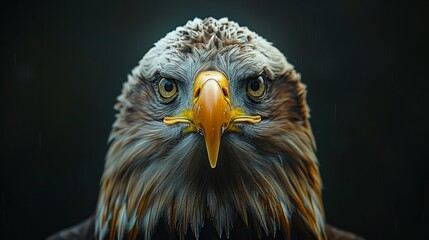 Obraz premium Portrait of a majestic bald eagle staring intensely under a rain shower, showcasing its powerful beak and piercing gaze